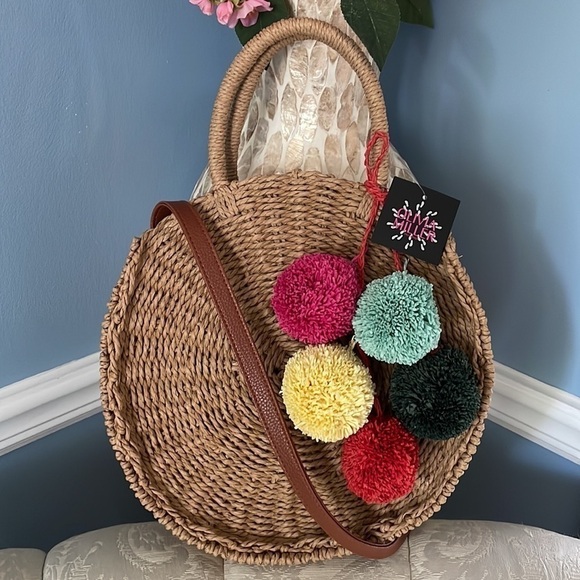 Brand New Olivia Miller Round Straw Multi Color Pom Pom Handbag Crossbody Purse - Picture 12 of 12
